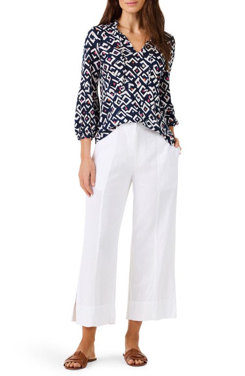 Nic + Zoe Nic+zoe Indigo Angles Split Neck Linen Blend Top In Indigo Multi