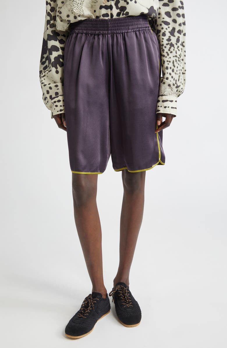 Dries Van Noten Priya Contrast Trim Satin Shorts, Main, color, Dark Purple