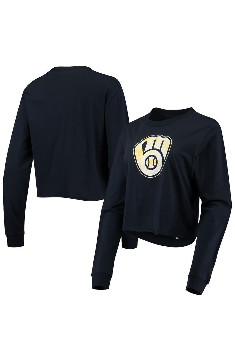 New Era Women's New Era Navy Milwaukee Brewers Baby Jersey Cropped Long Sleeve T-Shirt, Main, color, Navy