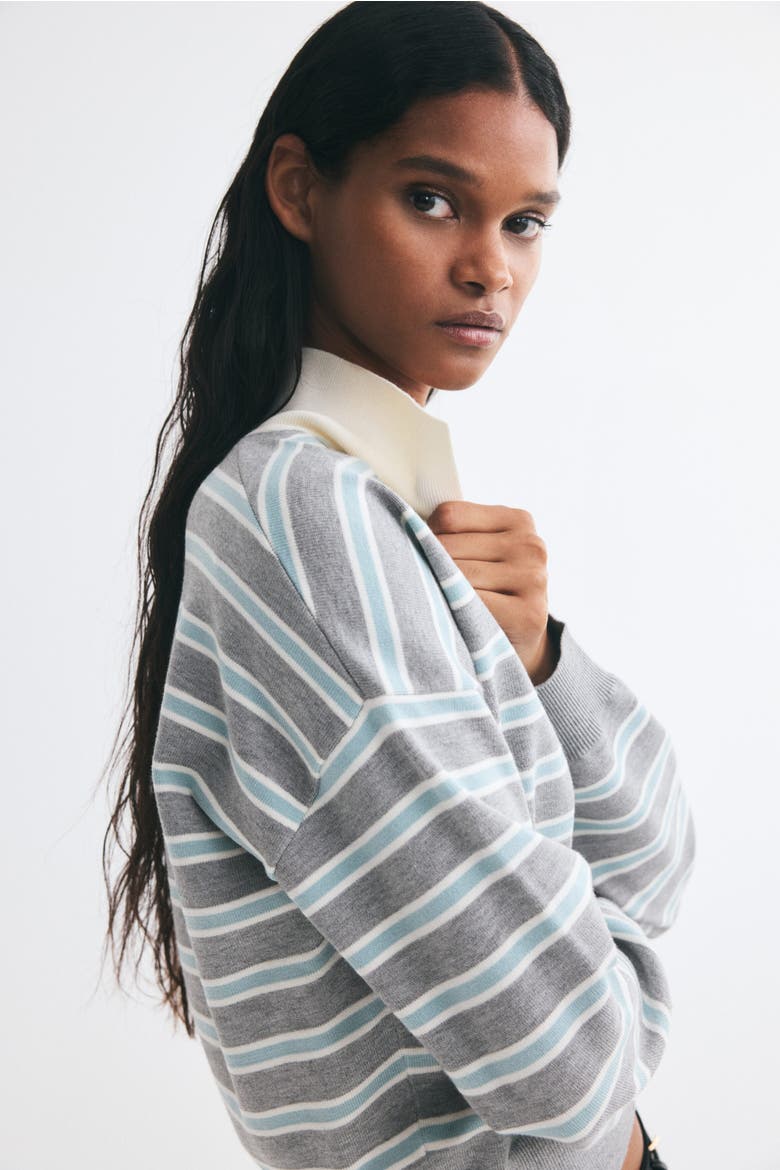 Fine-knit Polo Shirt, Alternate, color, Light gray melange/striped