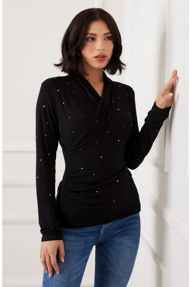 Rhinestone Drape Front Faux Wrap Top, Alternate, color, BLACK