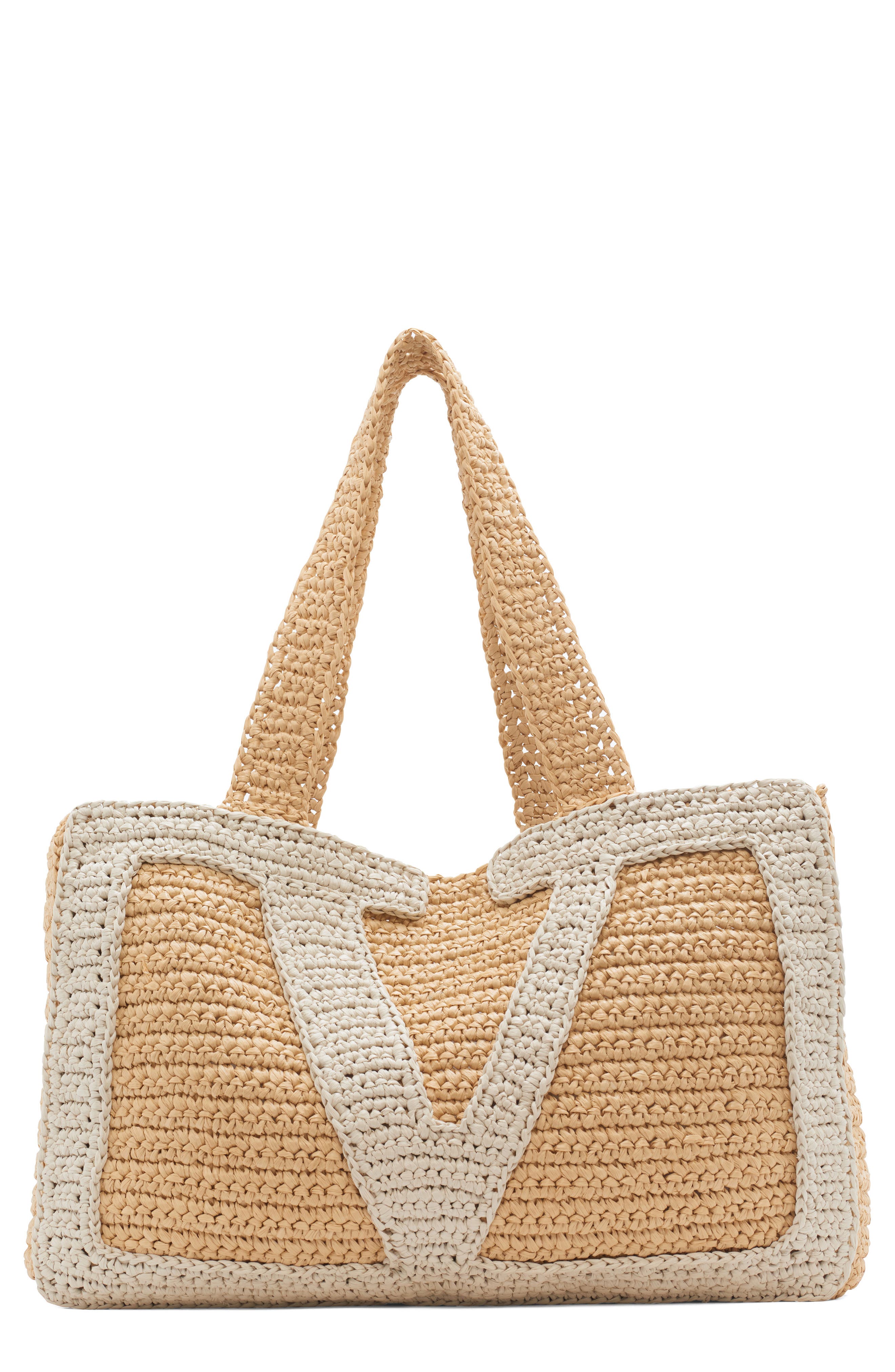 Valentino Garavani Large Viva Superstar Raffia Tote, Main, color, Natural