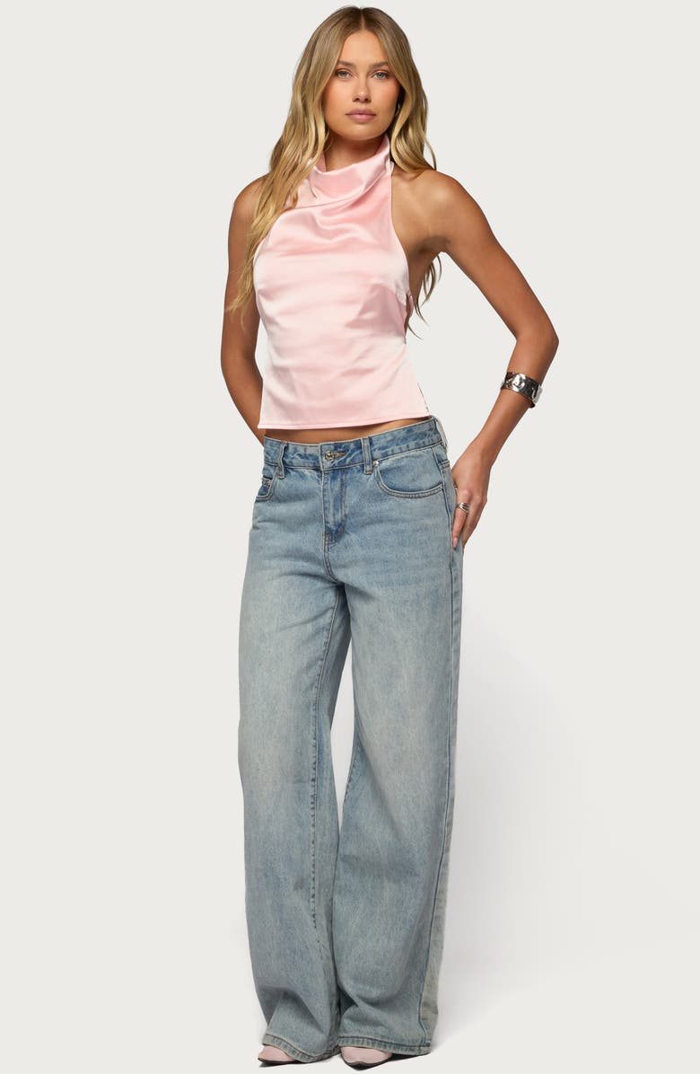 EDIKTED Cowl Neck Backless Satin Crop Top, Alternate, color, Light-Pink