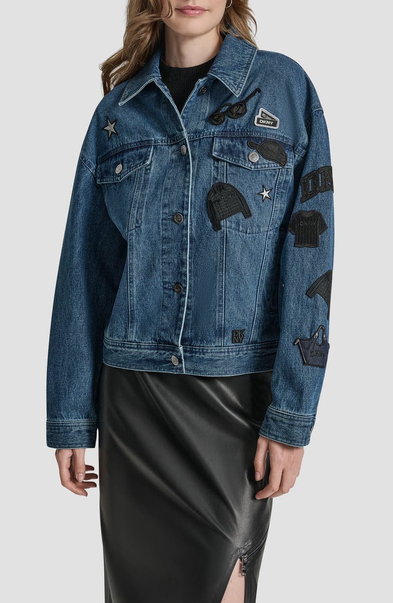 DKNY Logo Patch Denim Trucker Jacket, Main, color, Ludlow Wash