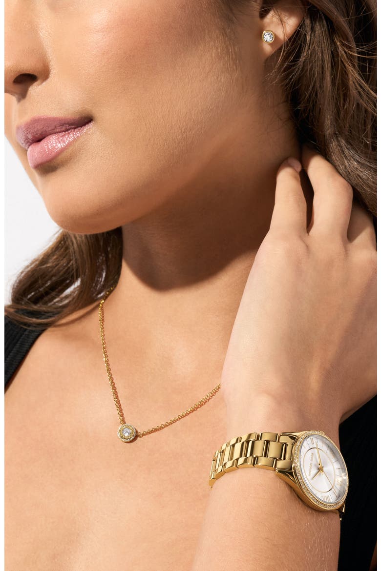 Lauryn Quartz Bracelet Watch, Stud Earrings & Necklace Set, 33mm, Alternate, color, GOLD
