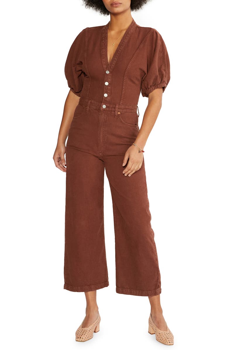 ÉTICA Celeste Puff Sleeve Wide Leg Denim Jumpsuit, Main, color, 