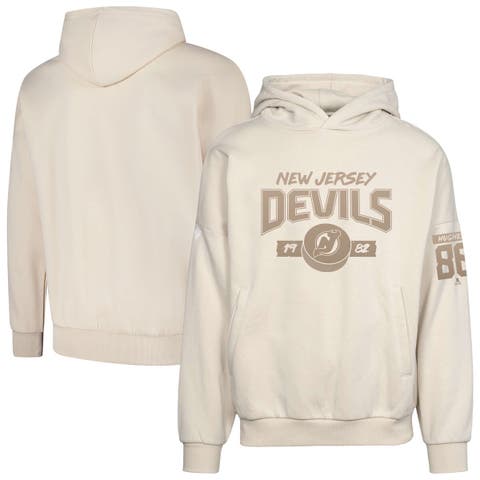 Men's Levelwear Jack Hughes Khaki New Jersey Devils Oversized Contact Name & Number Pullover Hoodie
