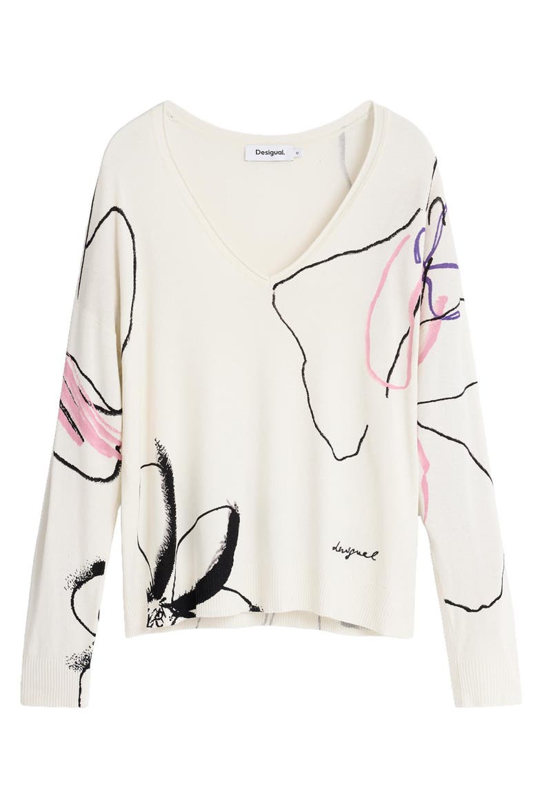 Floral V-Neck Sweater, Alternate, color, WHITE