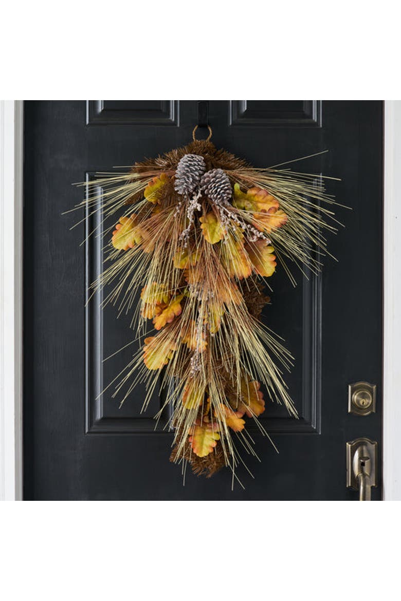 Bleached Wheat Grass, Pinecone & Autumn Oak Leaf Fall Front Door Swag, Alternate, color, Beige