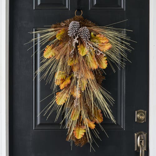 Darby Creek Trading Bleached Wheat Grass, Pinecone & Autumn Oak Leaf Fall Front Door Swag In Sand