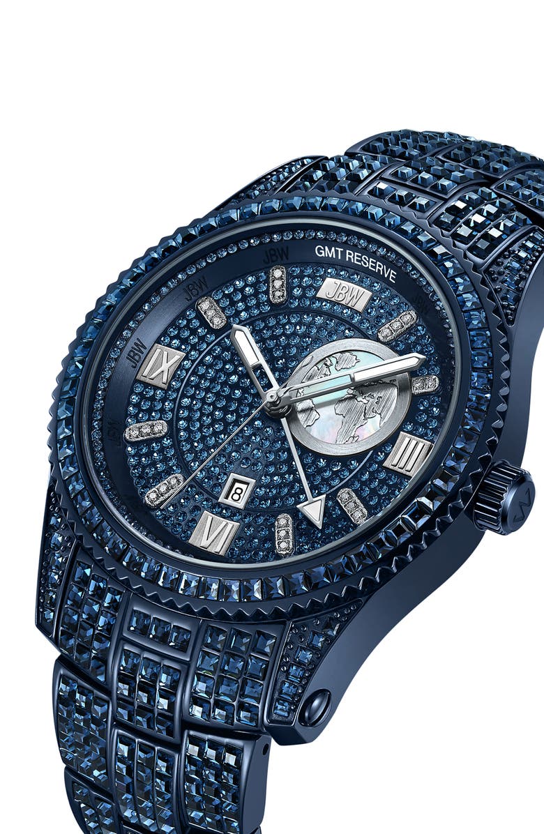 JBW Reserve Jet Setter GMT Diamond & Crystal Bracelet Watch, 46mm, Alternate, color, Blue