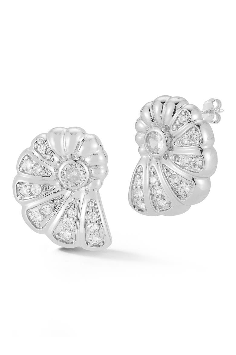 Cubic Zirconia Shell Stud Earrings, Main, color, SILVER