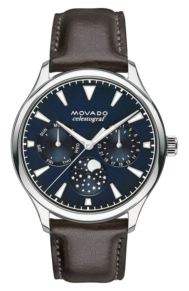 Movado Heritage Multifunction Leather Strap Watch, 36mm, Main, color, 