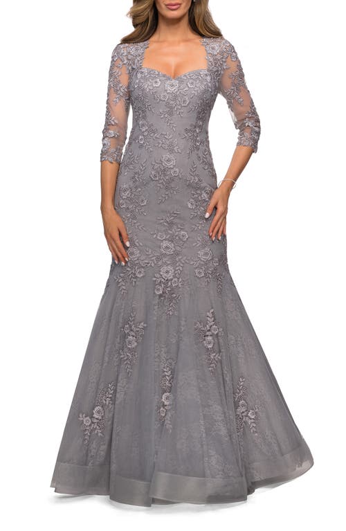 La Femme Long Lace Mermaid Gown With Square Neckline In Silver