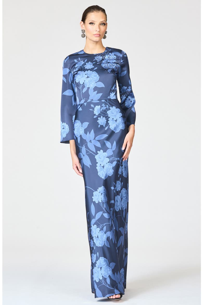 Alex Crystal Detail Floral Long Sleeve Satin Crepe Gown, Alternate, color, GALAXY ROSES