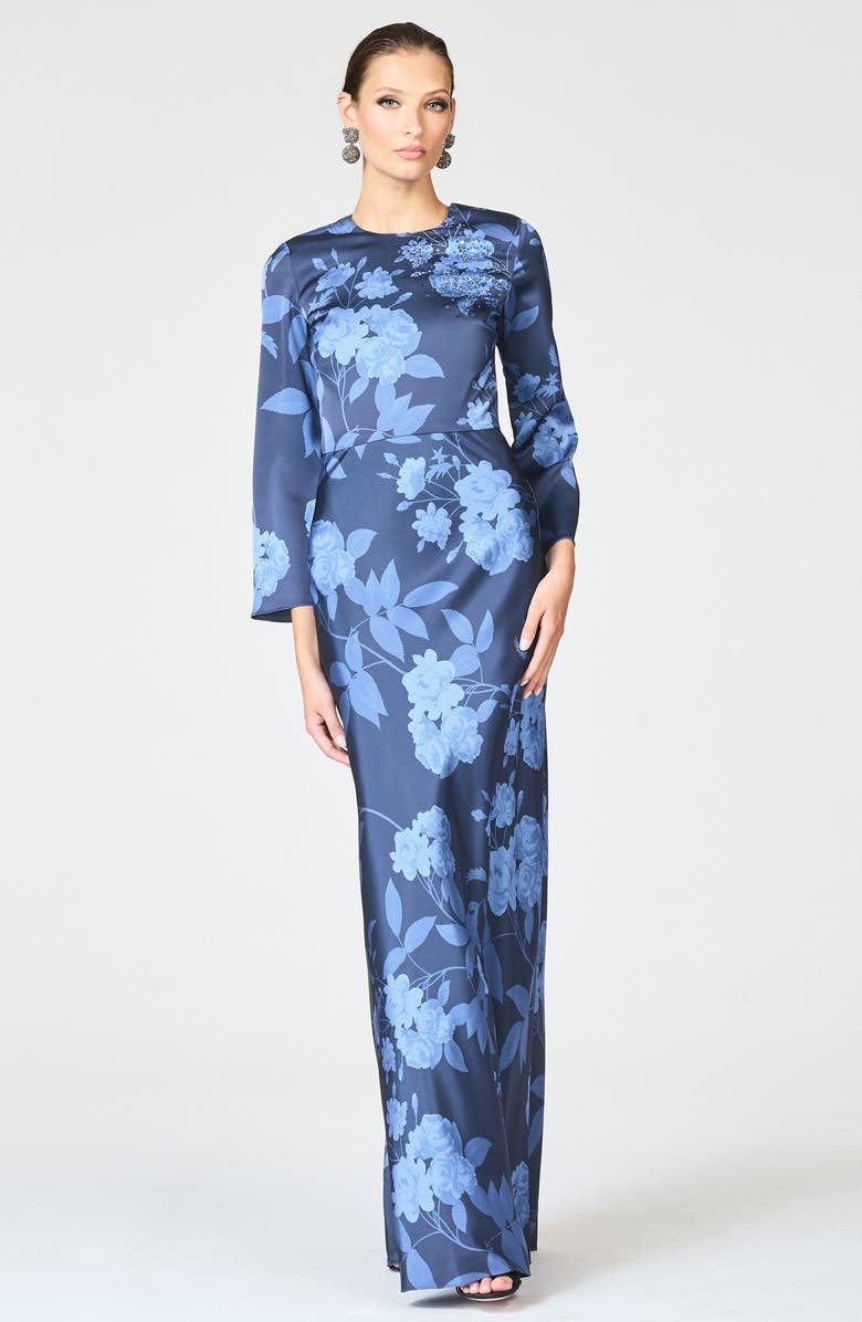 Sachin & Babi Alex Crystal Detail Floral Long Sleeve Satin Crepe Gown, Alternate, color, Galaxy Roses