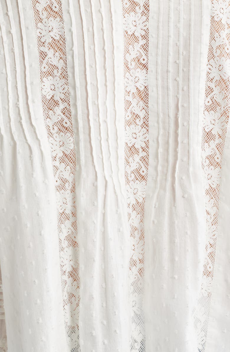 LoveShackFancy Rosabelle Lace Inset Clip Dot Button-Up Shirt, Alternate, color, Optic White