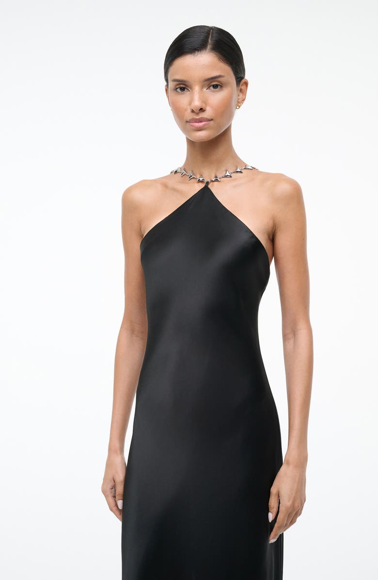 STAUD Cadence Shark Tooth Strap Satin Maxi Dress, Alternate, color, Black