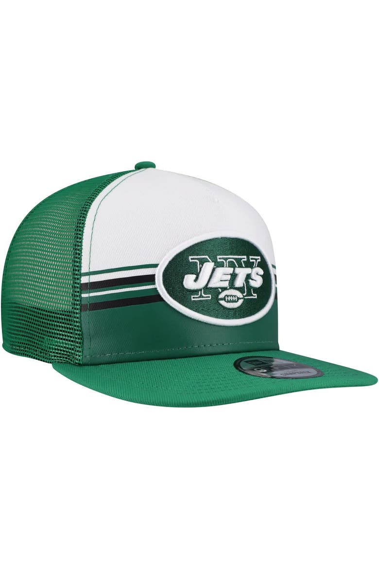 Men's New Era White/Green New York Jets Striped A-Frame 9FIFTY Adjustable Trucker Snapback Hat, Alternate, color, White