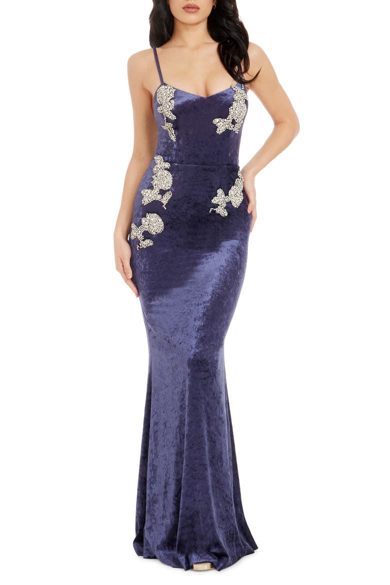 Giovanna Crystal Detail Velvet Mermaid Gown, Main, color, NAVY