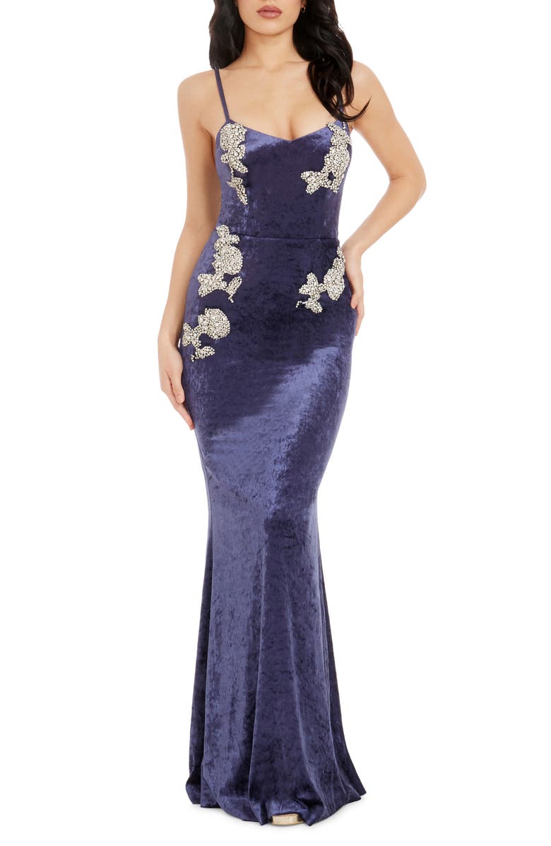 Dress the Population Giovanna Crystal Detail Velvet Mermaid Gown, Main, color, Navy