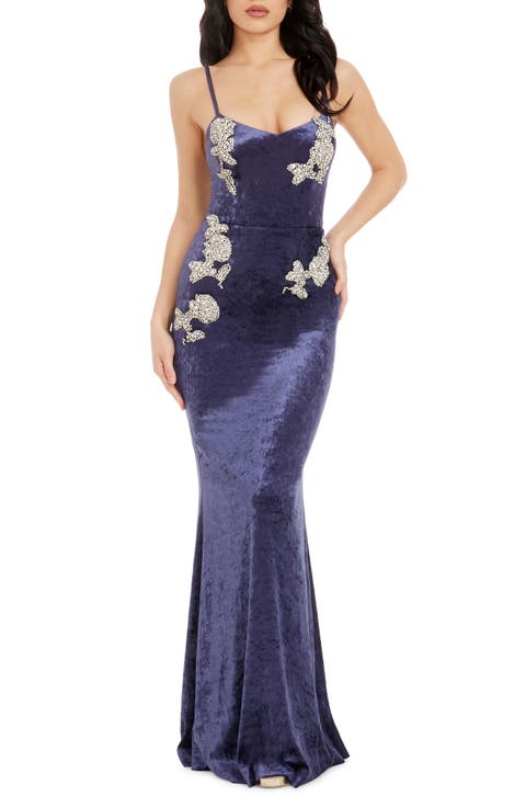 Giovanna Crystal Detail Velvet Mermaid Gown