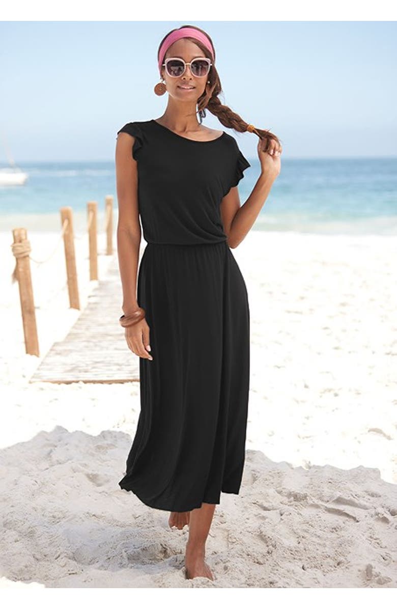 LASCANA Women's Flutter Sleeve Dress, Alternate, color, Black