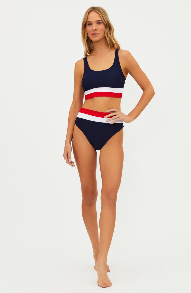 Beach Riot Heidi Colorblock High Waist Rib Bikini Bottoms, Alternate, color, Americana