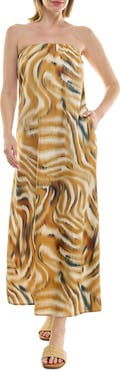 Nicole Miller Strapless Print Satin Maxi Dress