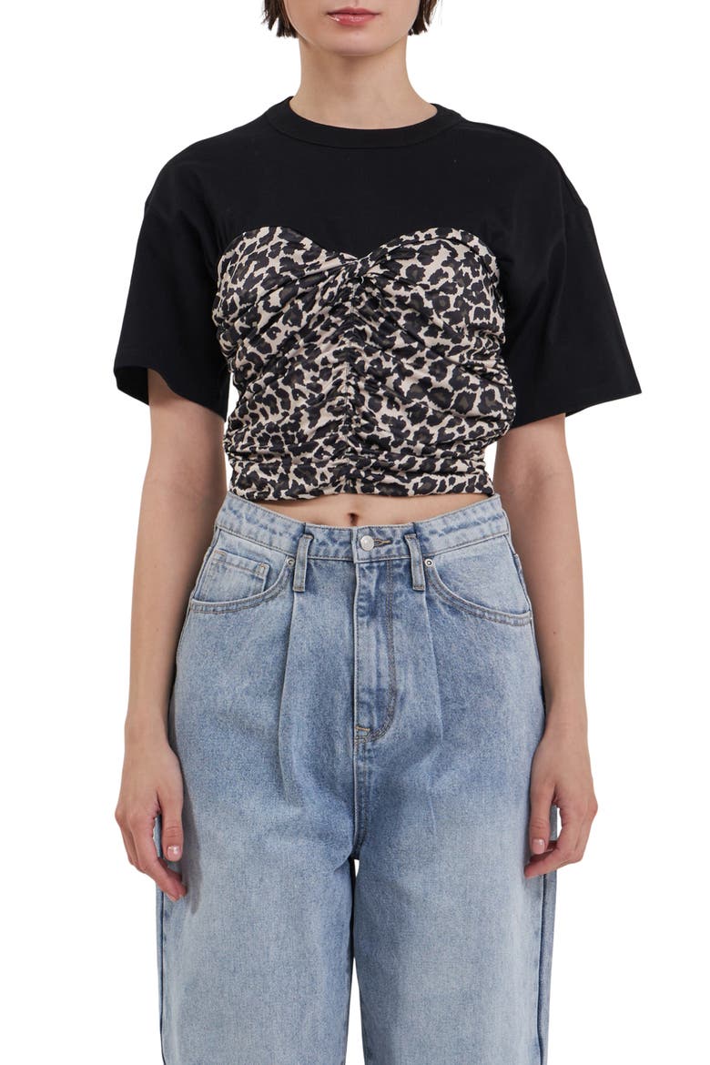 Leopard Smocked Crop T-Shirt, Main, color, BLACK MULTI
