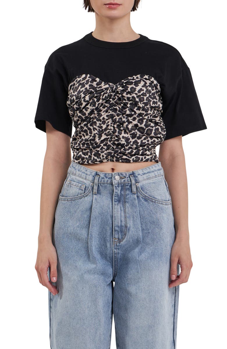 Grey Lab Leopard Smocked Crop T-Shirt, Main, color, Black Multi