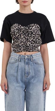 Grey Lab Leopard Smocked Crop T-Shirt
