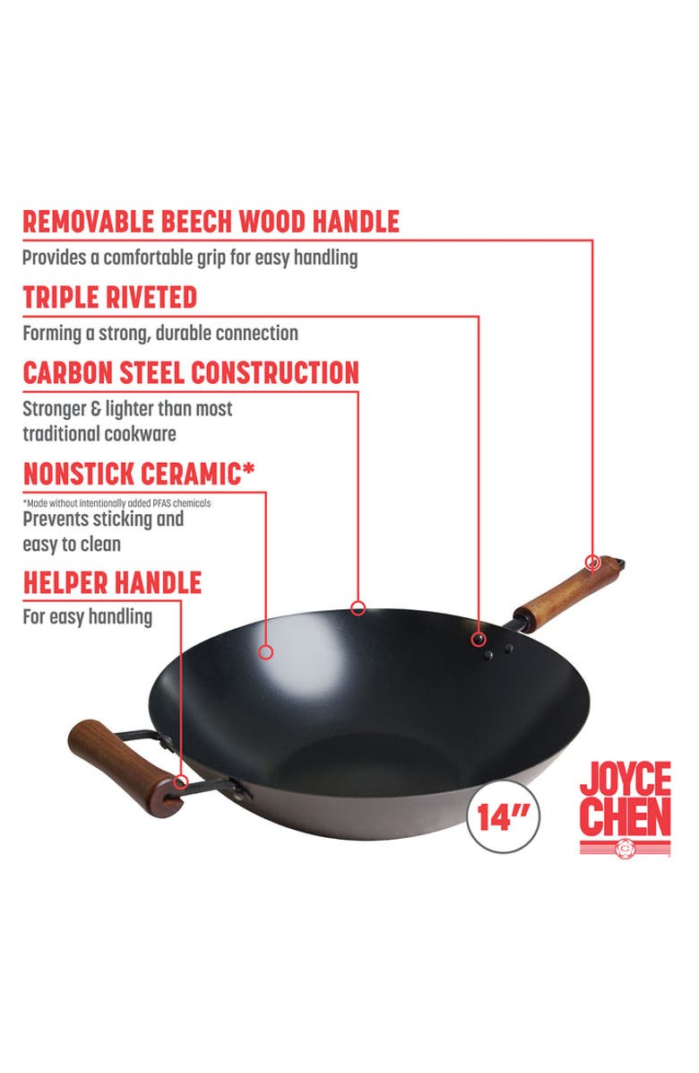 JOYCE CHEN Carbon Steel Ceramic Nonstick Wok, 14-Inch, Alternate, color, Black