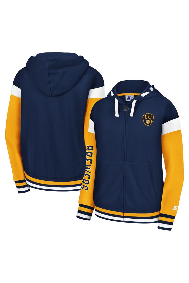Women's Starter Navy Milwaukee Brewers Homestretch Full-Zip Hoodie, Main, color, Navy