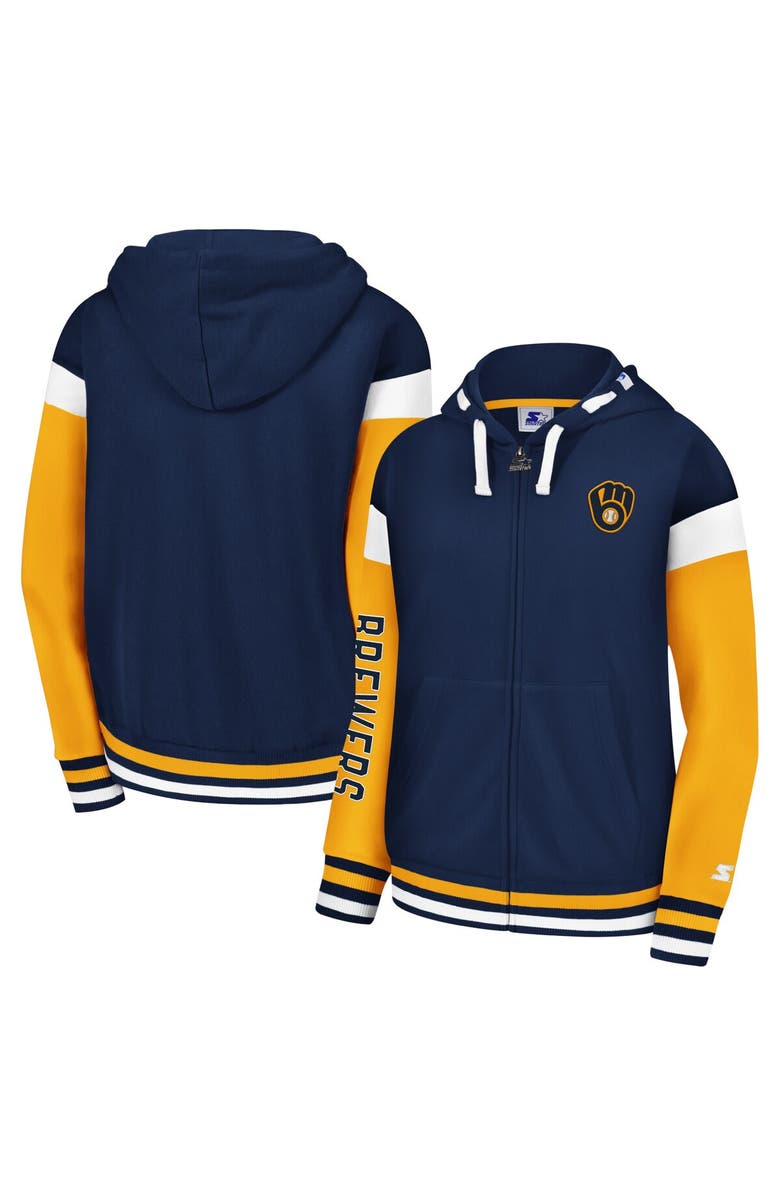 STARTER Women's Starter Navy Milwaukee Brewers Homestretch Full-Zip Hoodie, Main, color, Navy
