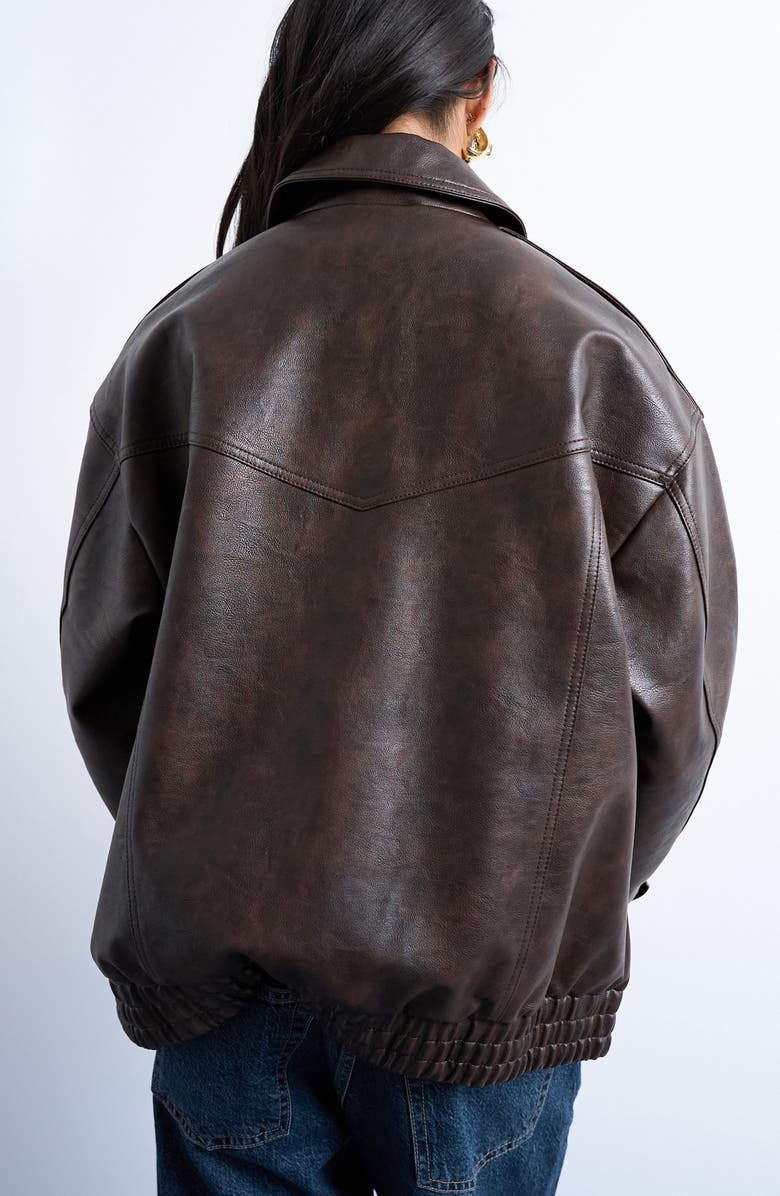Topshop Oversize Faux Leather Bomber Jacket, Alternate, color, Brown