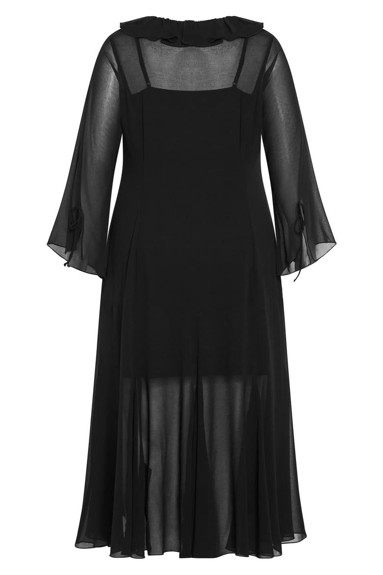 Vamp Ruffle Long Sleeve Chiffon Maxi Dress, Alternate, color, BLACK