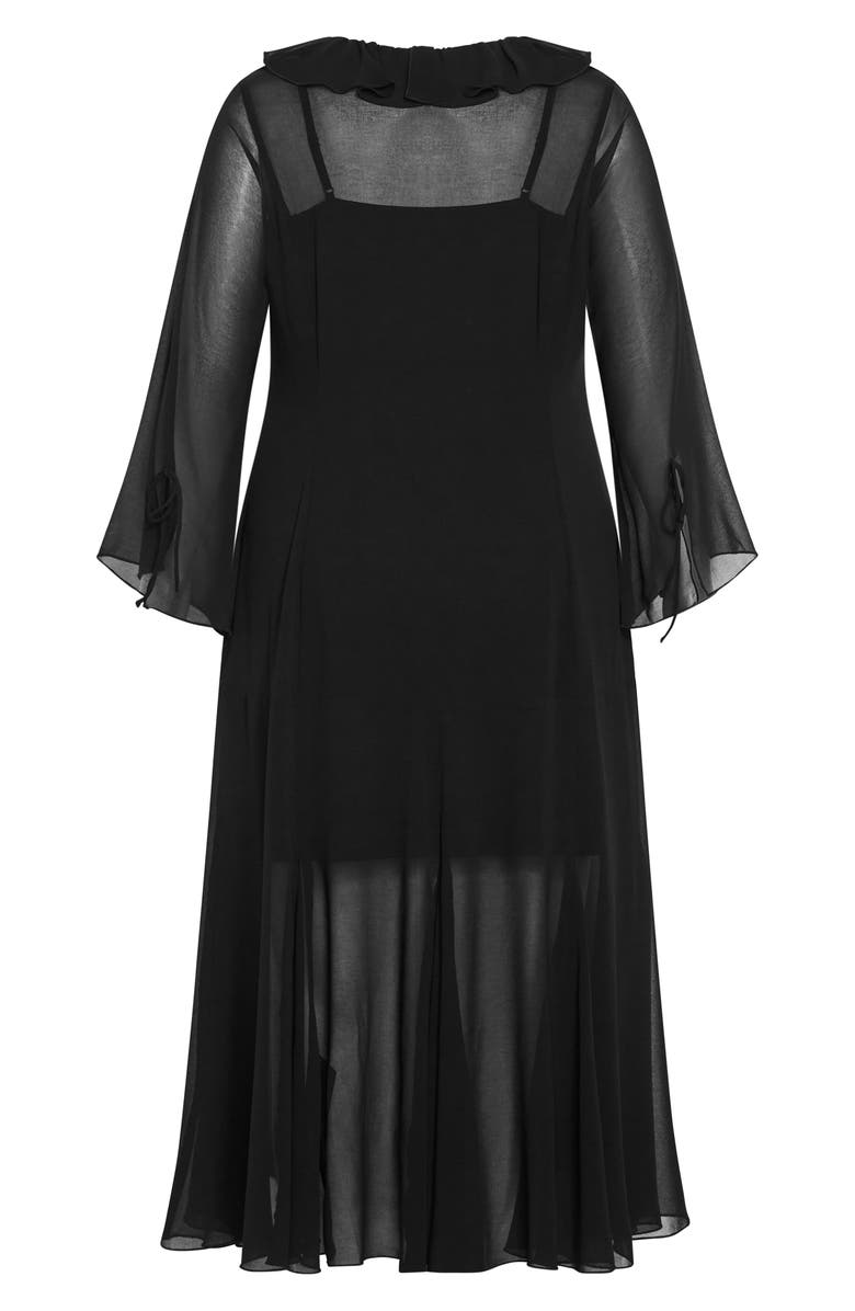City Chic Vamp Ruffle Long Sleeve Chiffon Maxi Dress, Alternate, color, Black
