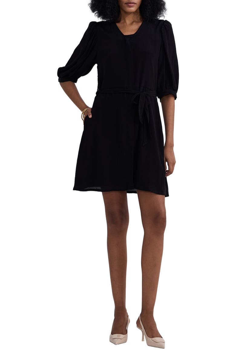 Reistor Short Black Dress with a Waist-tie in Black, Main, color, Black