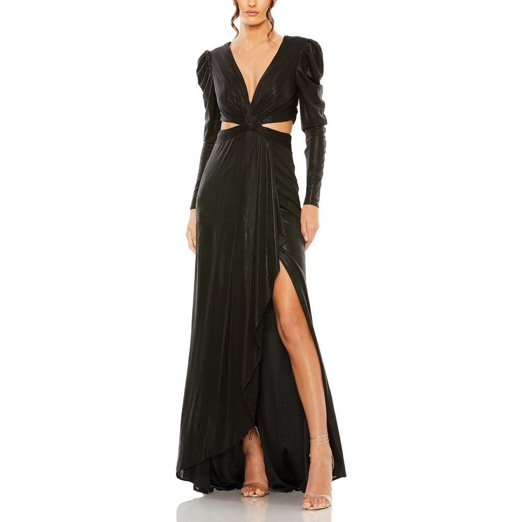 Mac Duggal Princess Sleeve Cut Out Metallic Gown In Black
