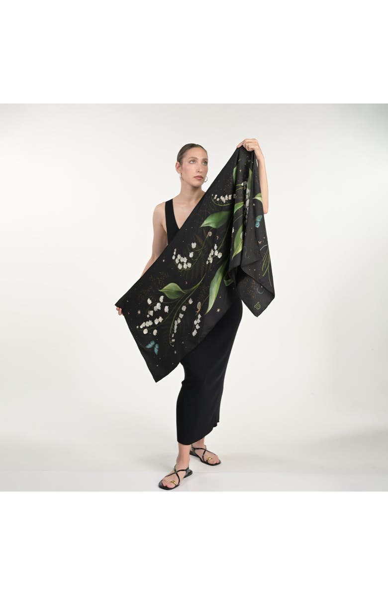 Silk&Soul Lily Of The Valley Silk Scarf, Alternate, color, Black
