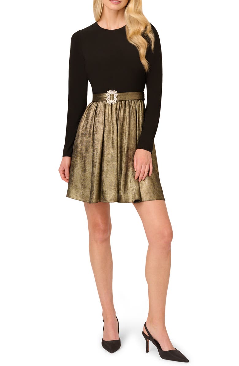 Adrianna Papell Mixed Media Metallic Long Sleeve Minidress, Main, color, 