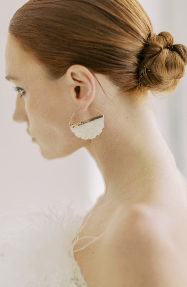 Freya Rose Hand Carved Mother of Pearl Rose Hoop Earrings, Alternate, color, Gold