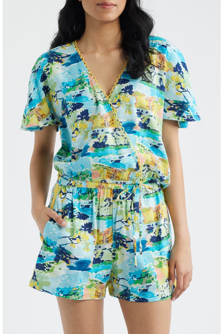 Allover Print Faux Wrap Shirt, Main, color, AQUA MULTI