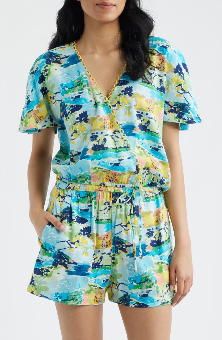 CITY BLUES Allover Print Faux Wrap Shirt, Main, color, Aqua Multi