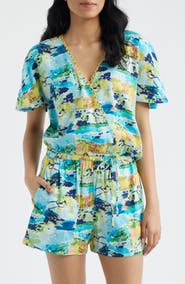 CITY BLUES Allover Print Faux Wrap Shirt