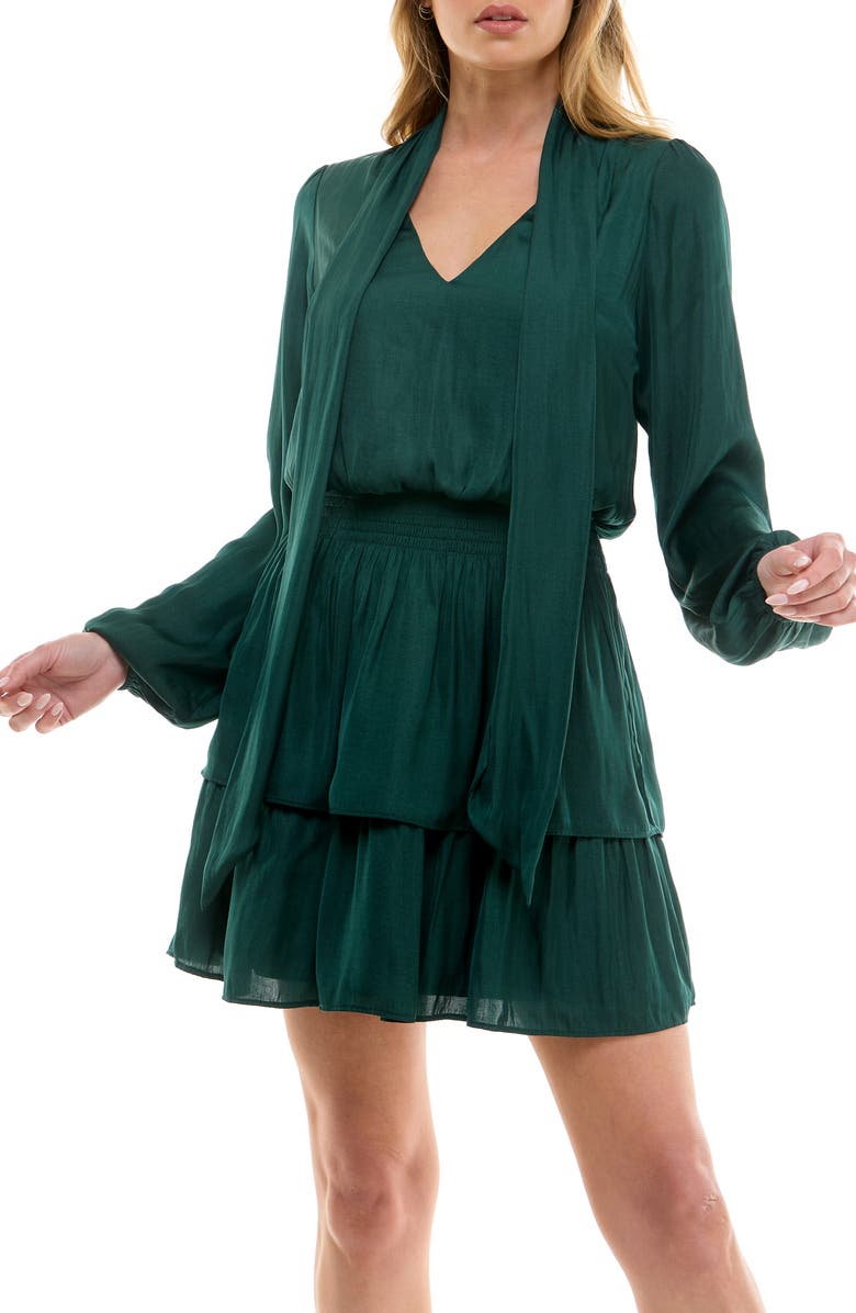Socialite Tie Neck Long Sleeve Tiered Minidress, Alternate, color, Sea Moss