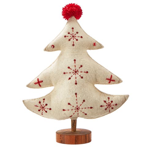 Embroidered Wool Ivory Christmas Tree Decor for Tabletop