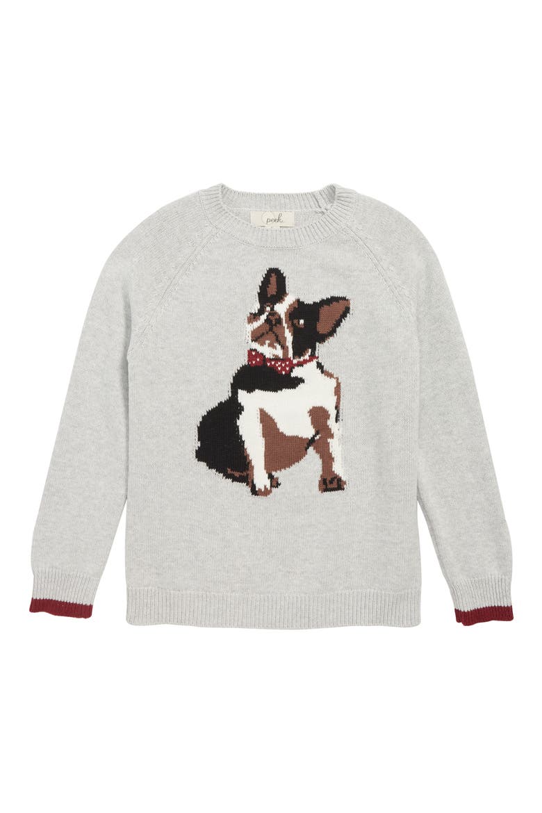 Peek Bow Tie Dog Intarsia Sweater, Main, color, LIGHT GREY HEATHER