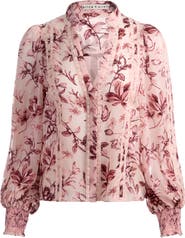 Alice + Olivia Arlette Lace Trim Floral Satin Burnout Shirt